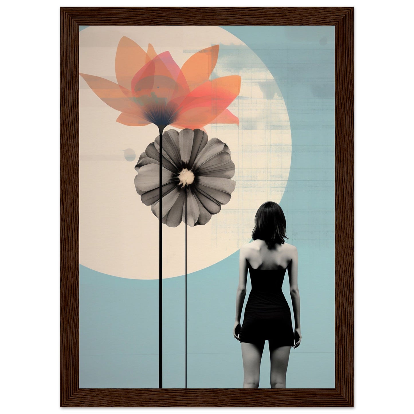 Framed artwork depicting a silhouetted figure facing stylized flowers against a pale sky with a large moon.