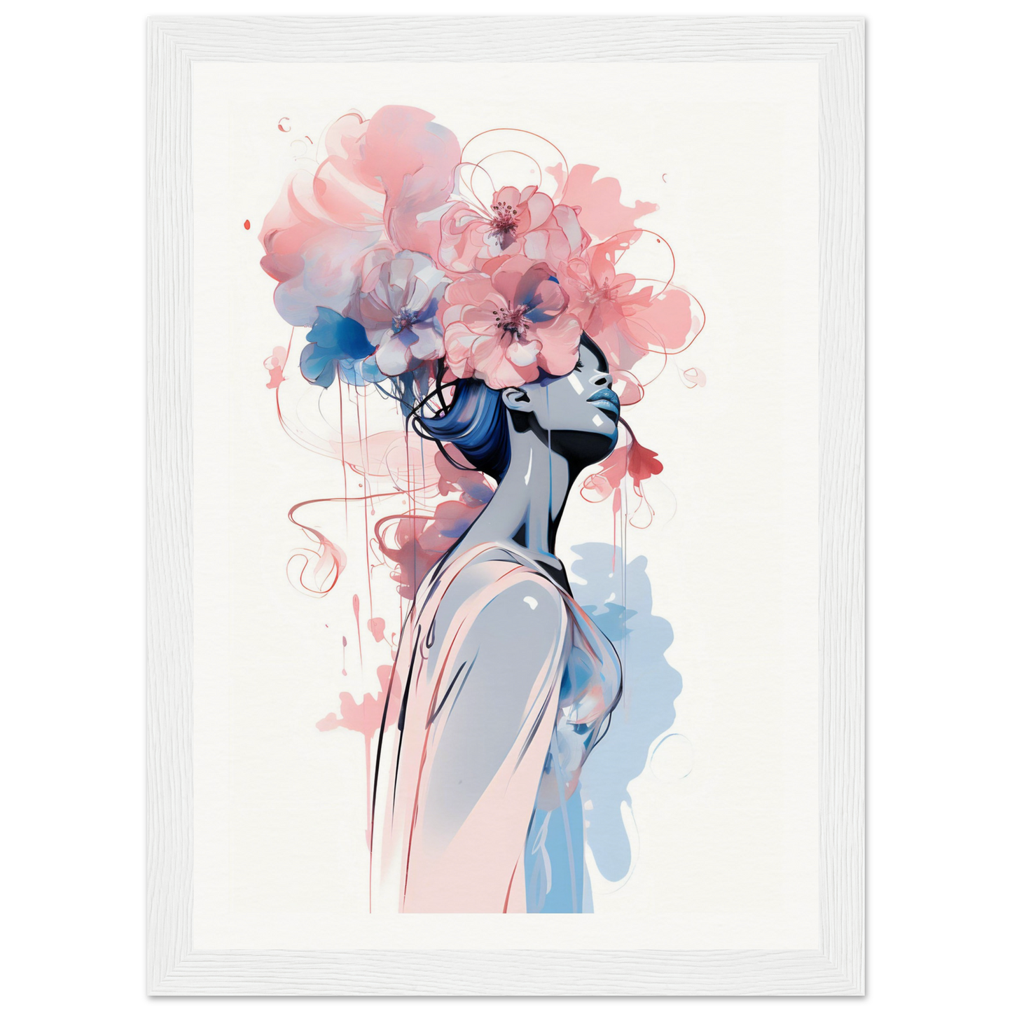 Stylized watercolor painting of a figure with floral elements replacing the head.