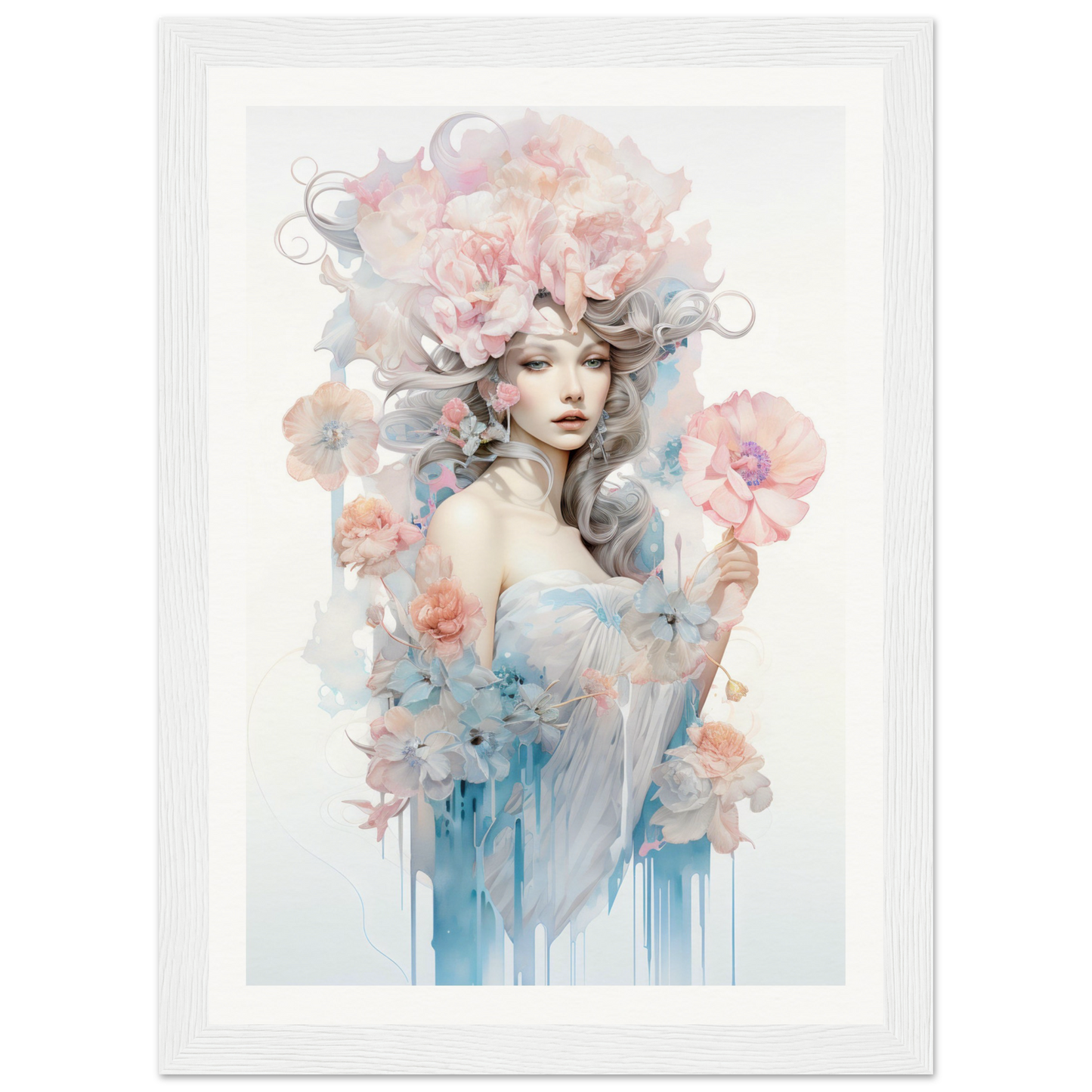 Ethereal watercolor-style portrait of a woman surrounded by delicate flowers and swirling, dreamy elements.