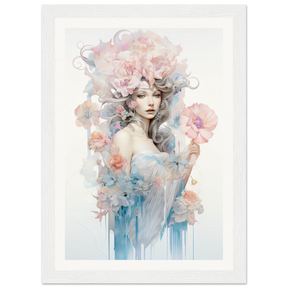 Ethereal watercolor-style portrait of a woman surrounded by delicate flowers and swirling, dreamy elements.