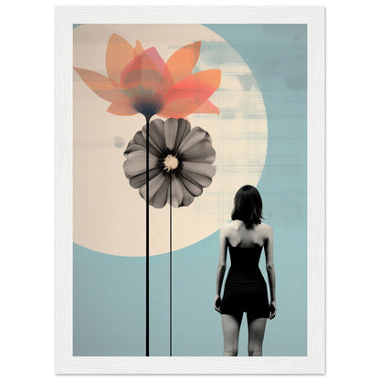 Silhouette of a woman standing in front of stylized oversized flowers and a circular shape.