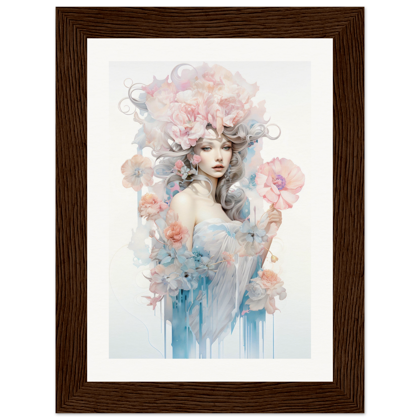 Watercolor-style portrait of a woman with flowing hair surrounded by soft floral elements.