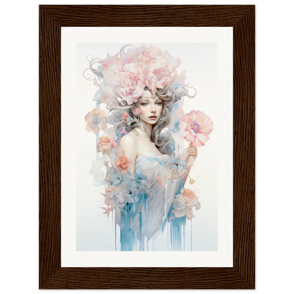 Watercolor-style portrait of a woman with flowing hair surrounded by soft floral elements.