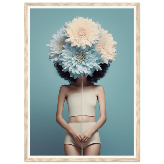 Surreal portrait featuring a figure with giant white flowers in place of a head, wearing nude-colored undergarments.