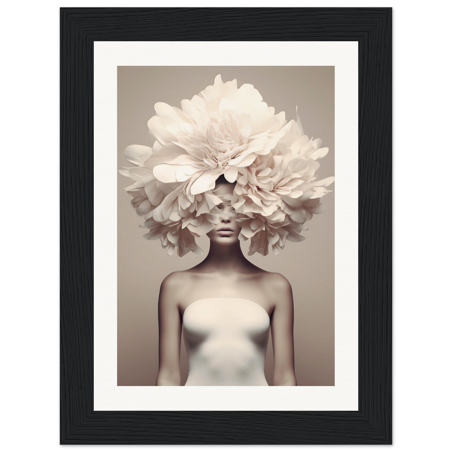 Artistic photograph of a figure wearing an elaborate floral headdress that obscures the upper part of their body.