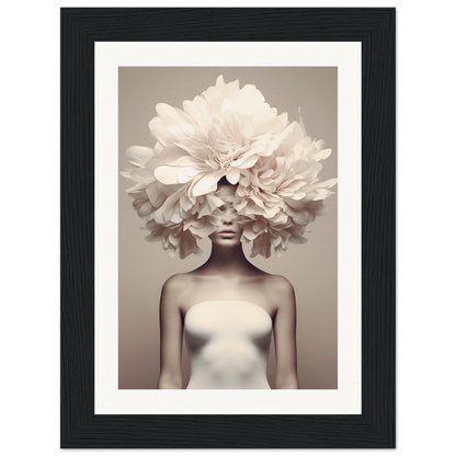 Artistic photograph of a figure wearing an elaborate floral headdress that obscures the upper part of their body.