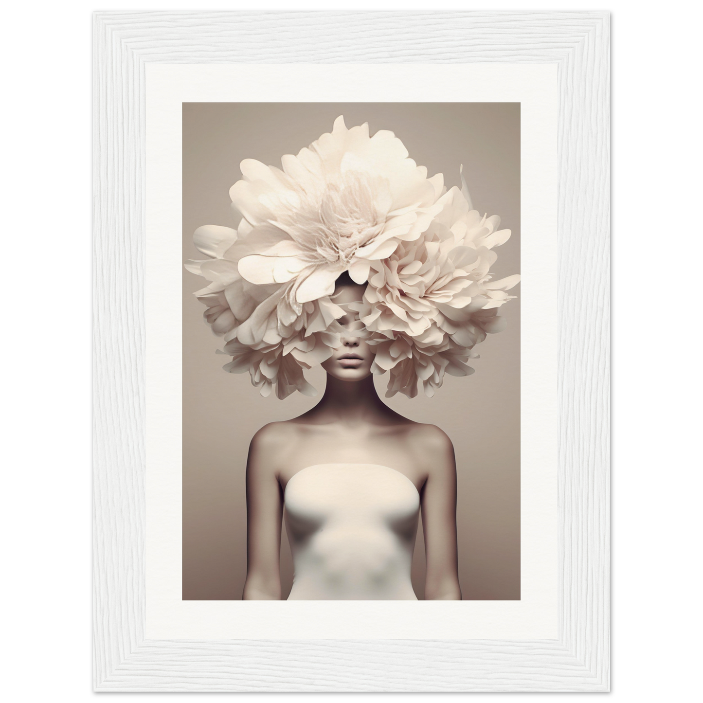 A surreal portrait featuring a figure with an elaborate floral headdress obscuring the upper part of their body.