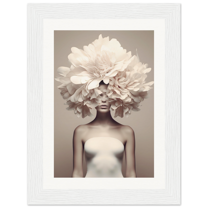 A surreal portrait featuring a figure with an elaborate floral headdress obscuring the upper part of their body.