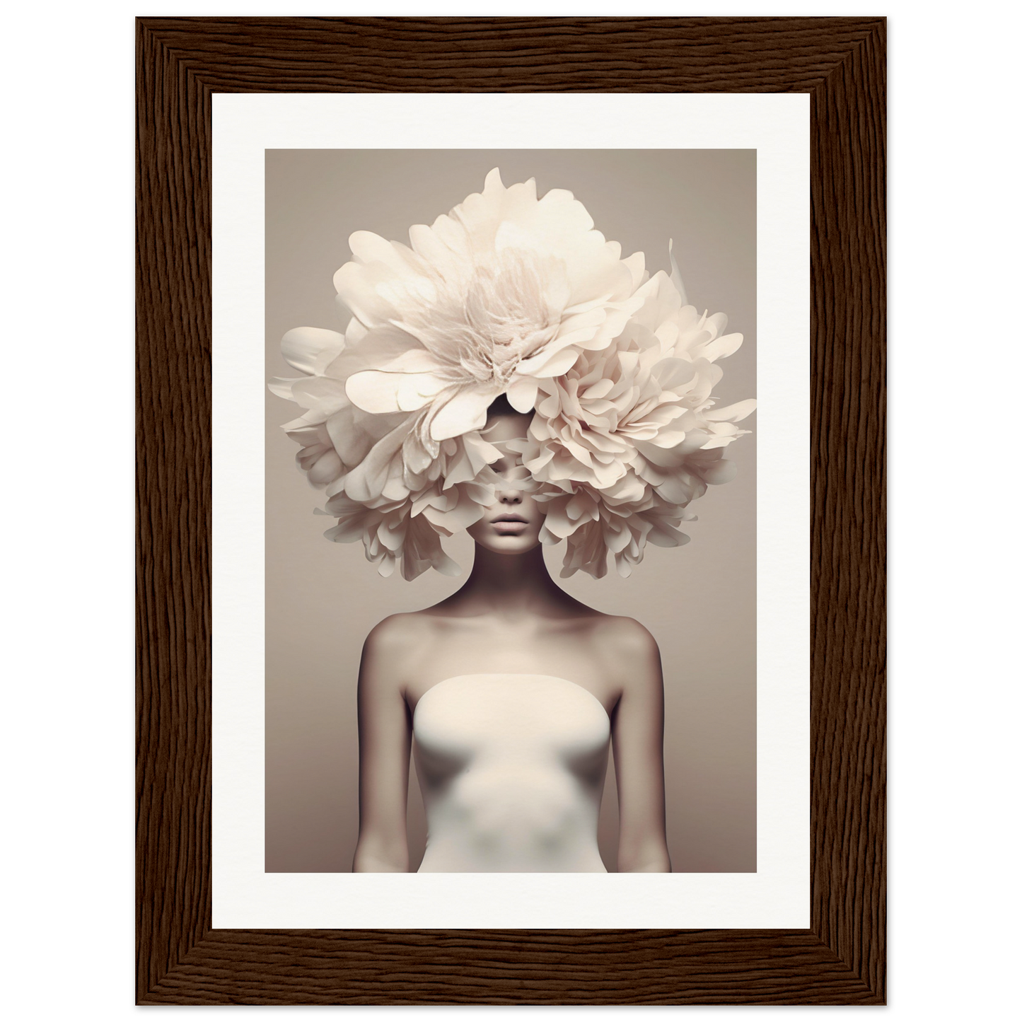 Artistic photograph of a figure with an elaborate floral headdress obscuring the upper portion of their body.