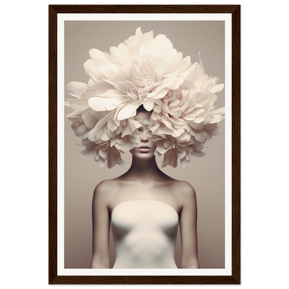 Artistic portrait featuring a figure wearing an elaborate floral headdress made of oversized white petals.