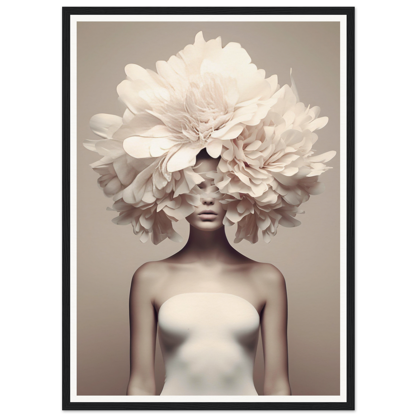 Monochromatic portrait featuring a figure with an elaborate floral headdress obscuring the upper face.