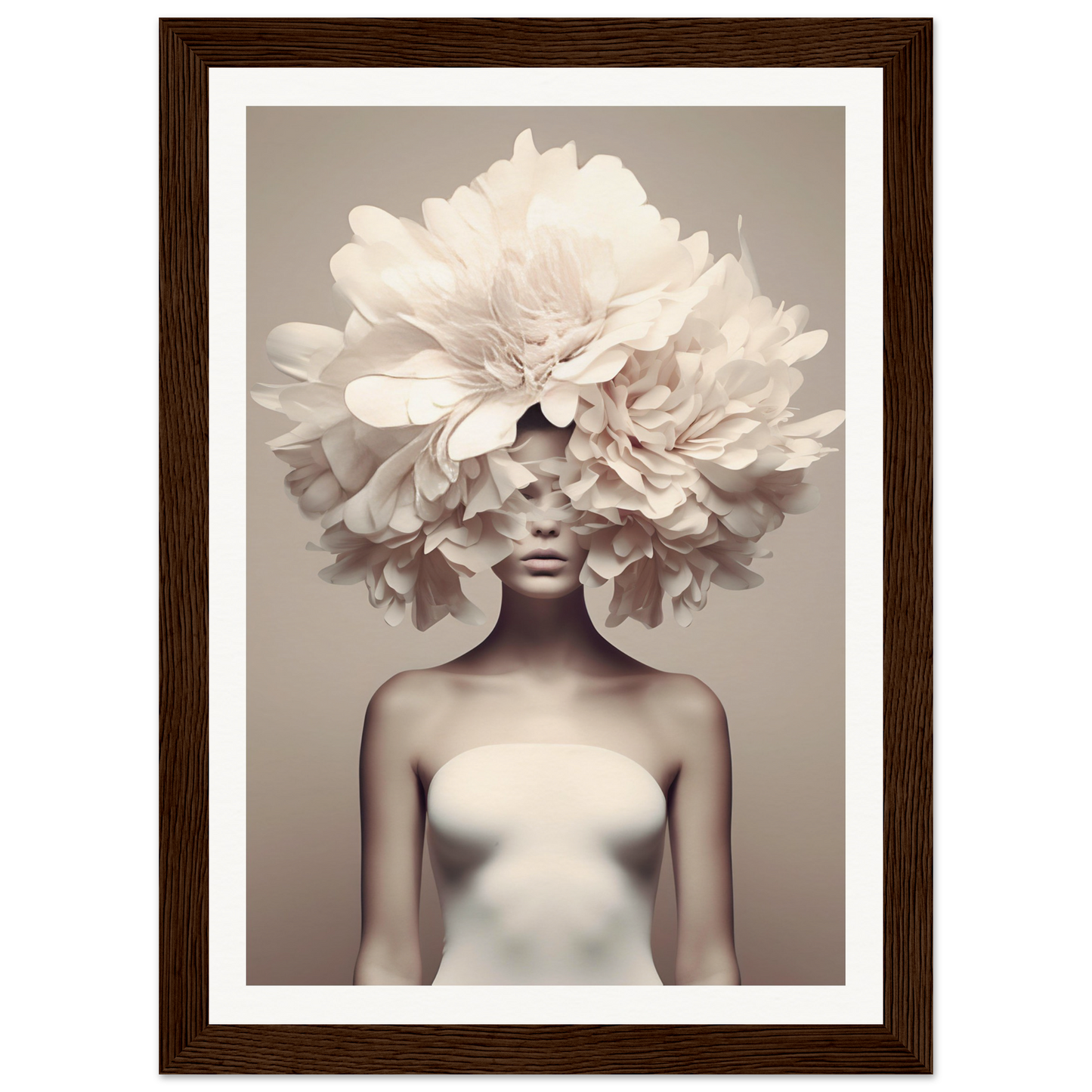 Artistic portrait featuring a figure with an elaborate floral headdress obscuring the upper face.