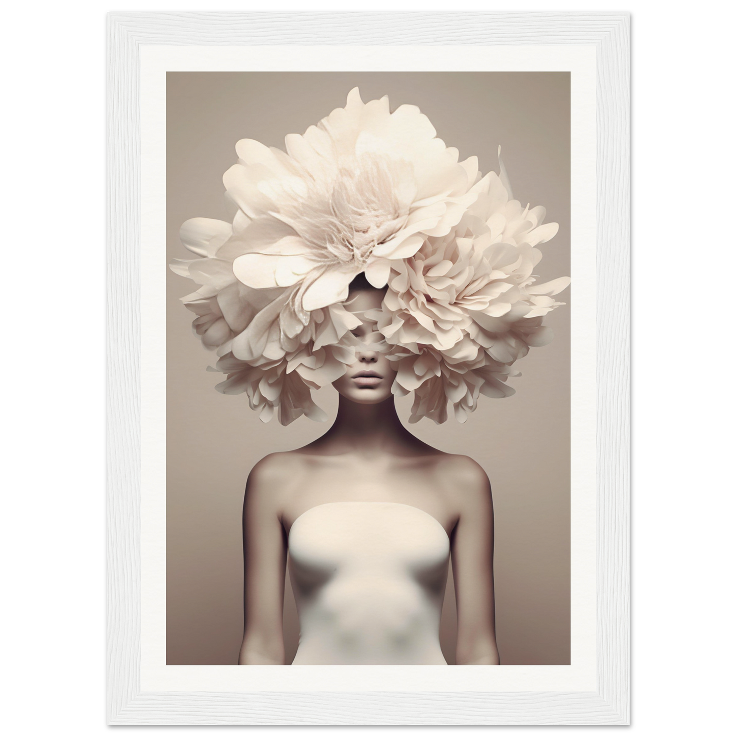 Artistic portrait featuring an elaborate floral headdress obscuring the upper half of a figure’s face.