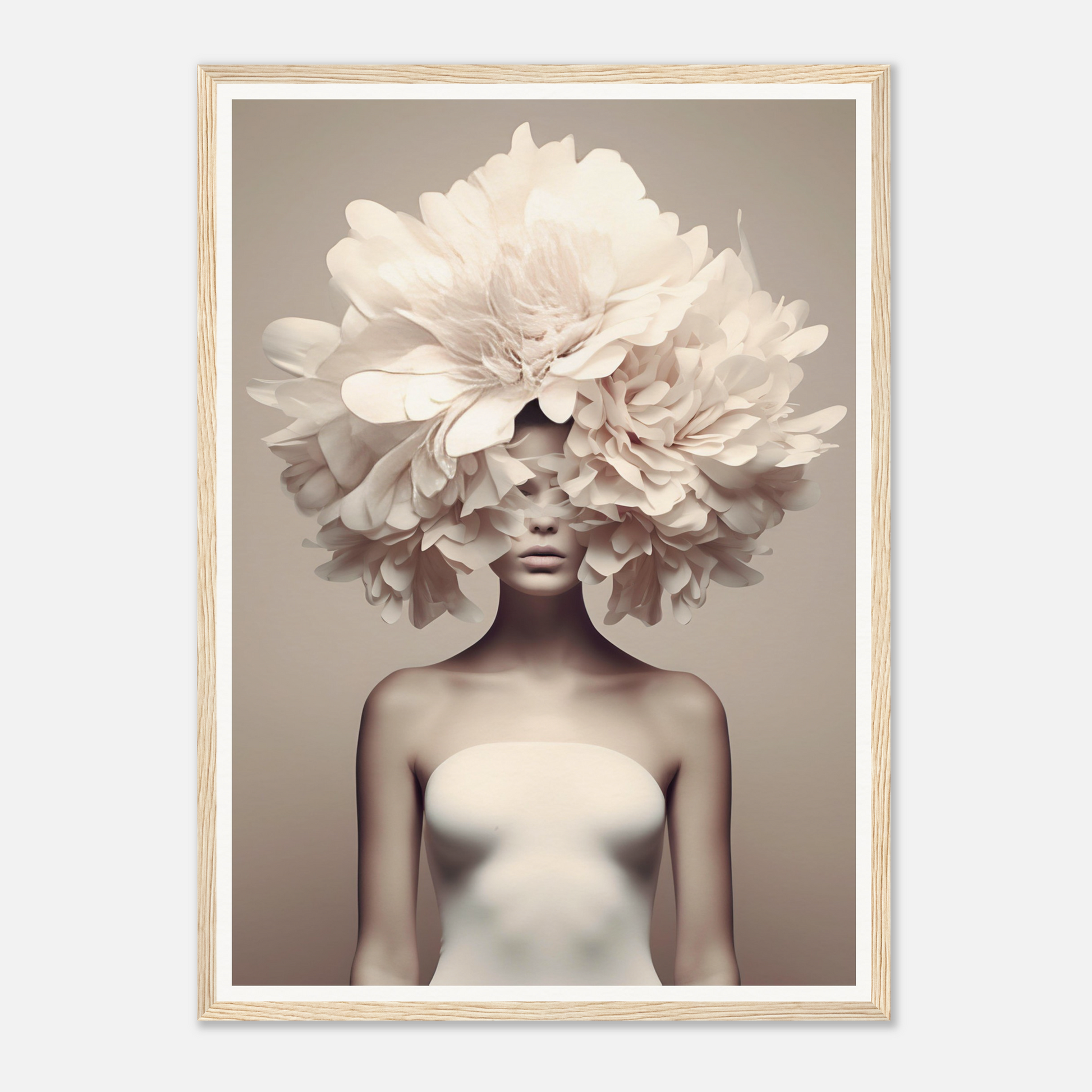 Surreal portrait featuring a figure with an enormous floral headdress obscuring the upper face.