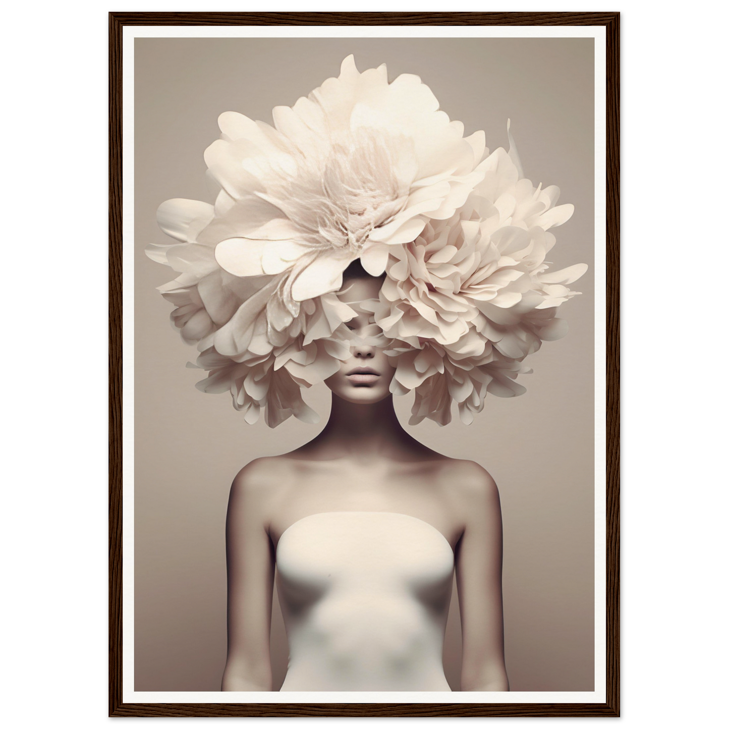 Artistic portrait featuring a figure with an elaborate floral headdress obscuring the upper part of their face.