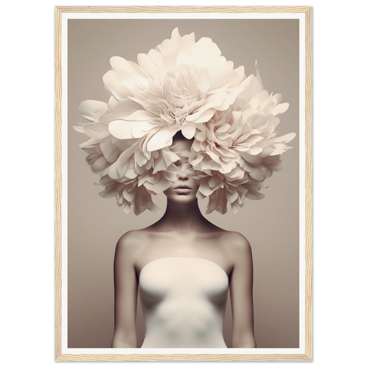 Surreal portrait featuring a figure with an enormous floral headdress obscuring the upper half of their face.