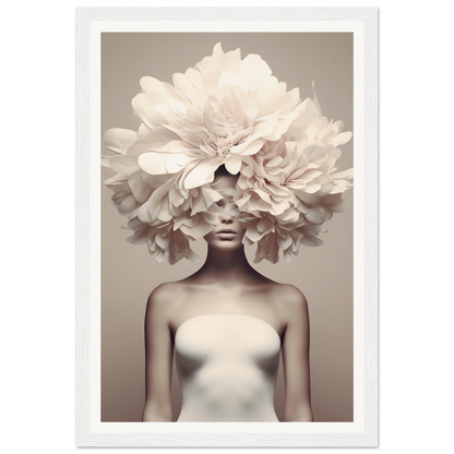 Surreal portrait featuring a figure with an enormous floral headdress obscuring the upper half of their face.