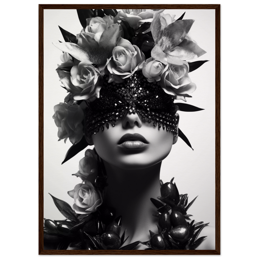 Striking black and white portrait of a figure adorned with roses and a sparkling eye covering.