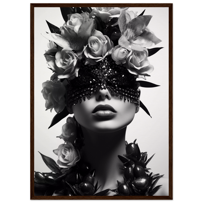 Striking black and white portrait of a figure adorned with roses and a sparkling eye covering.