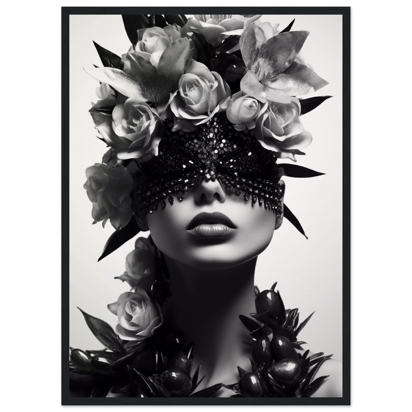 Artistic black and white portrait featuring a figure adorned with roses and a sparkling eye covering.