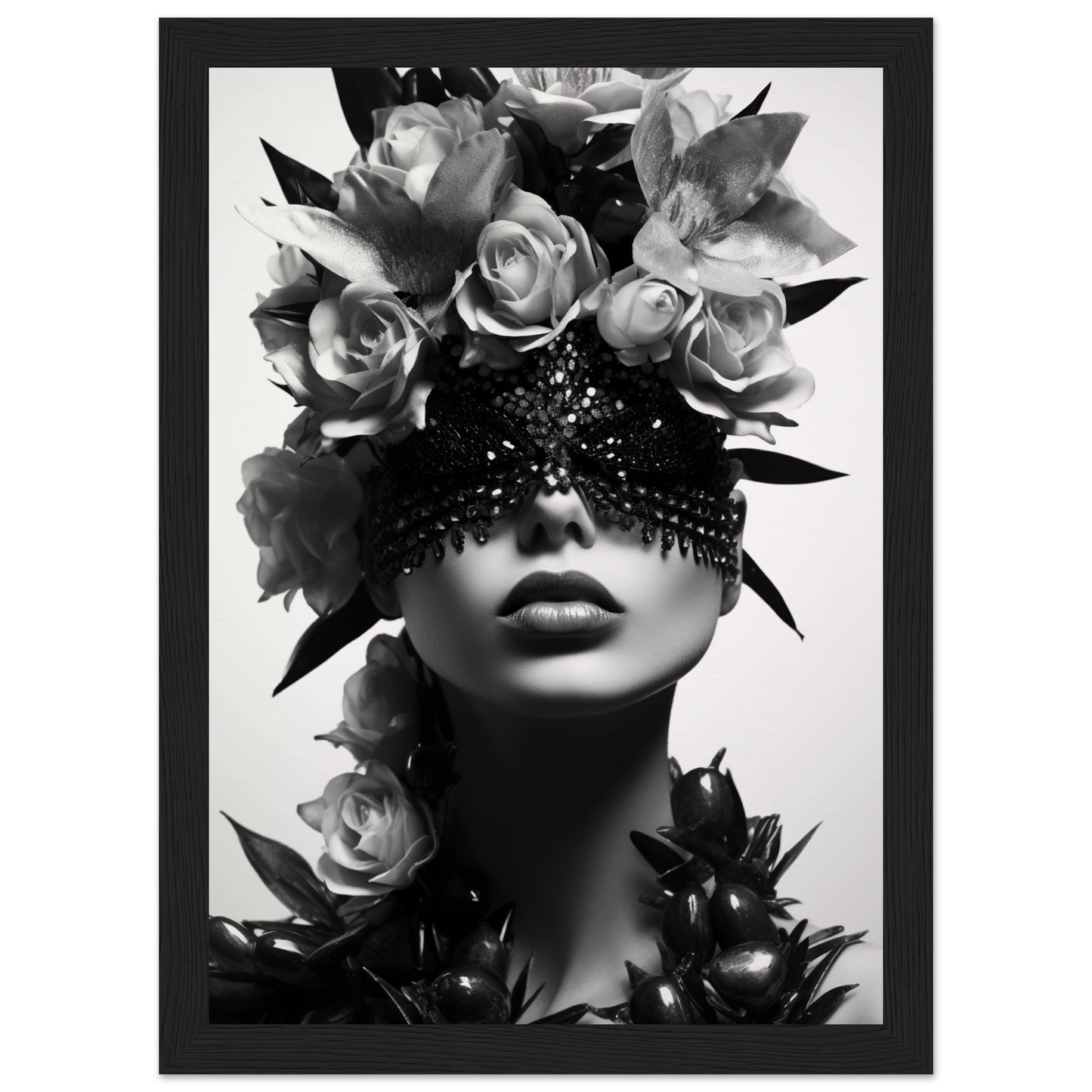 Black and white artistic portrait featuring a figure adorned with roses and an ornate eye covering.