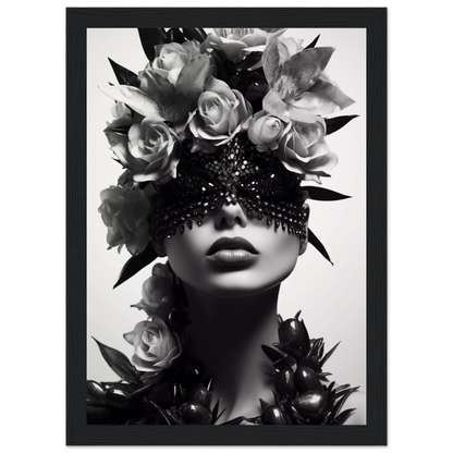 Black and white artistic portrait featuring a figure adorned with roses and an ornate eye covering.