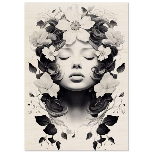 A black and white image of a woman with flowers on her face, perfect for Blooming - Wood Prints to transform your space.