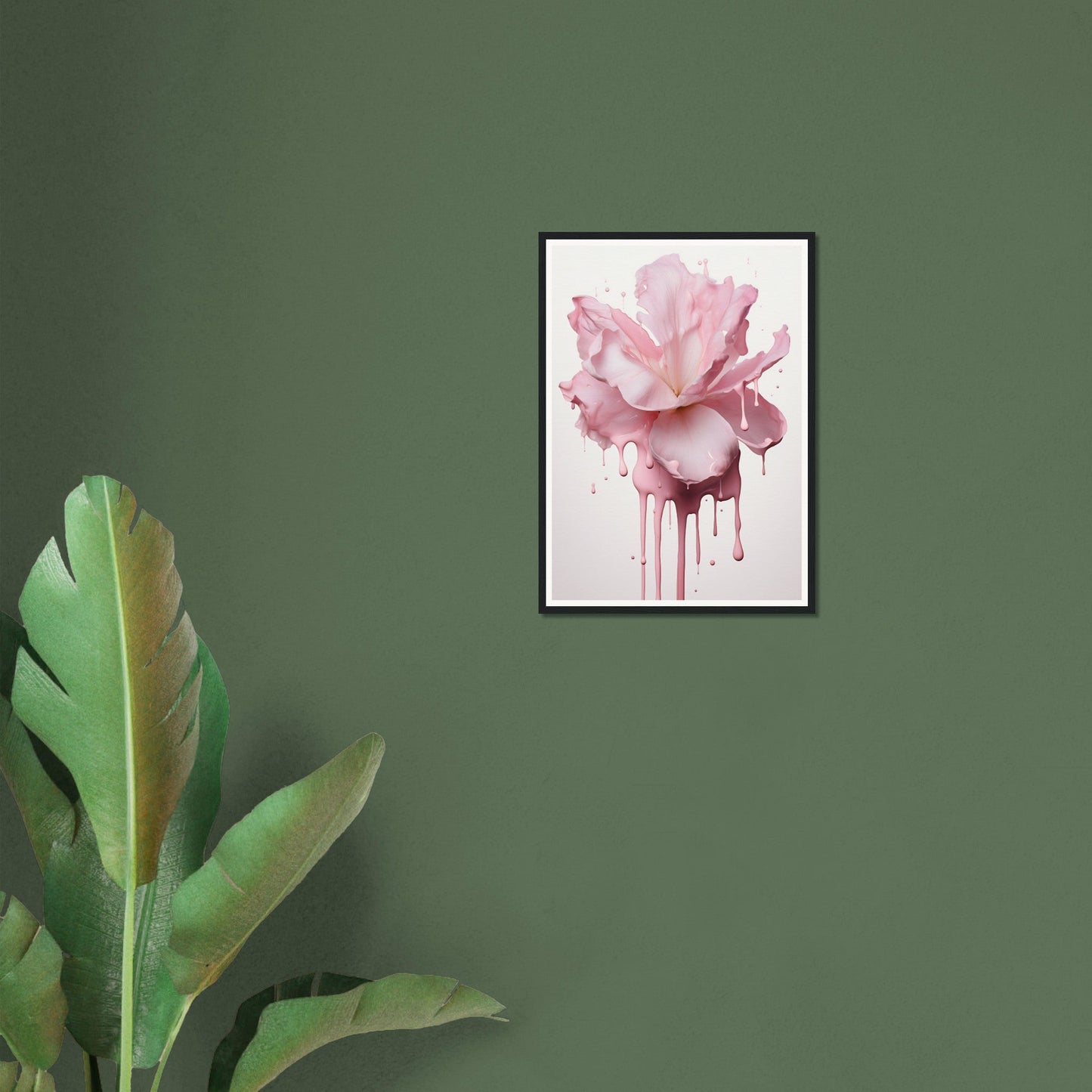 Framed artwork of a pink rose with dripping watercolor effect.