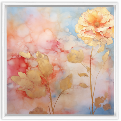 A watercolor painting of a flower on an I LOVE GO(L)D - Framed Canvas Wraps blue background.