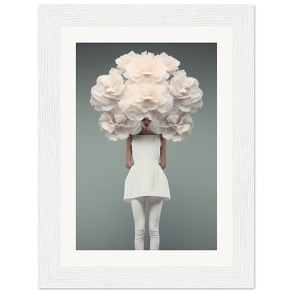 A figure wearing a white dress with an enormous floral headdress obscuring their face and head.