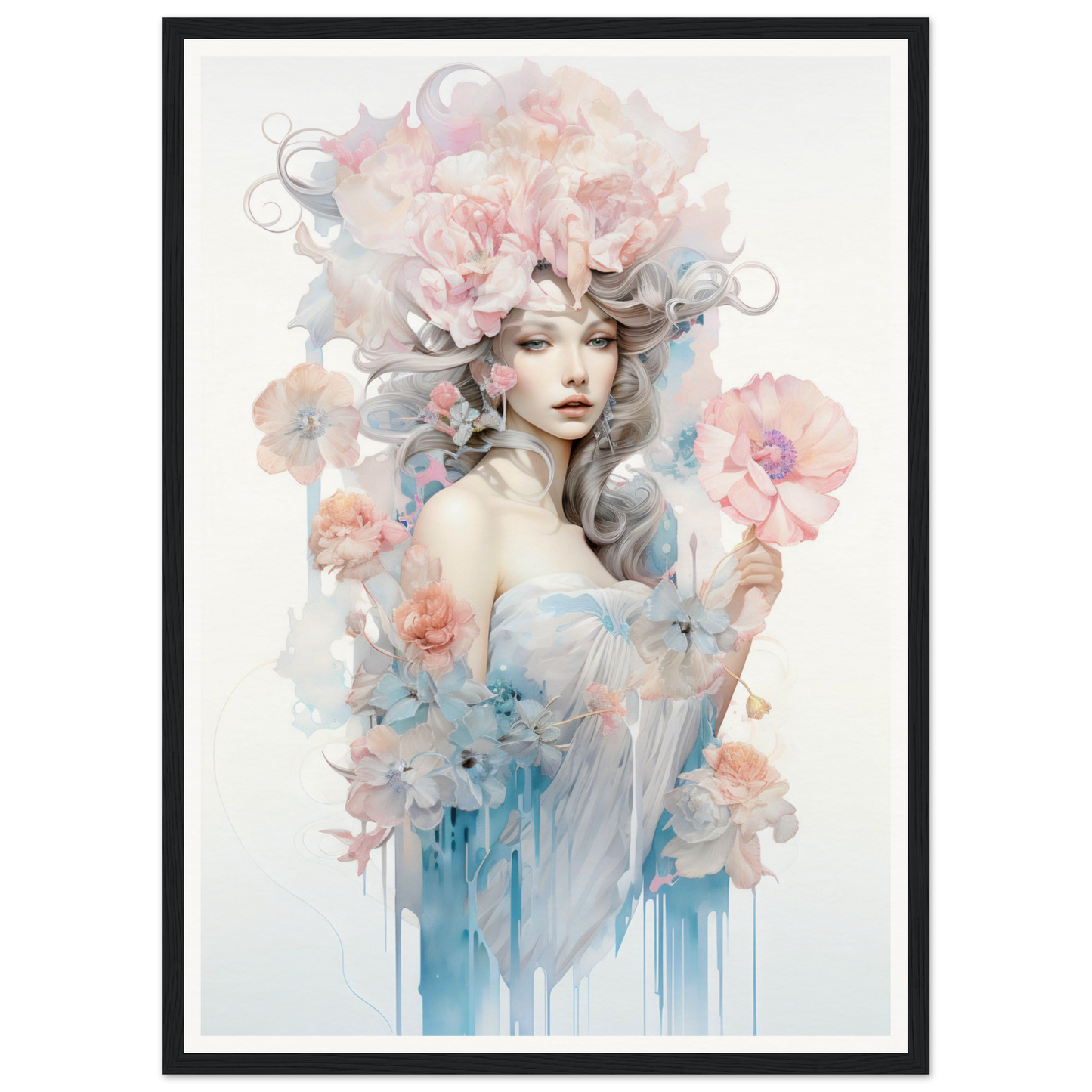 Ethereal watercolor-style portrait of a woman surrounded by delicate floral elements and soft pastel hues.