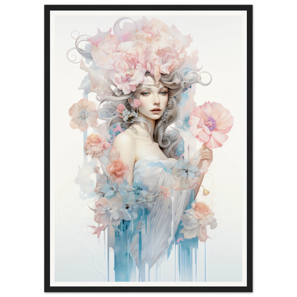 Ethereal watercolor-style portrait of a woman surrounded by delicate floral elements and soft pastel hues.