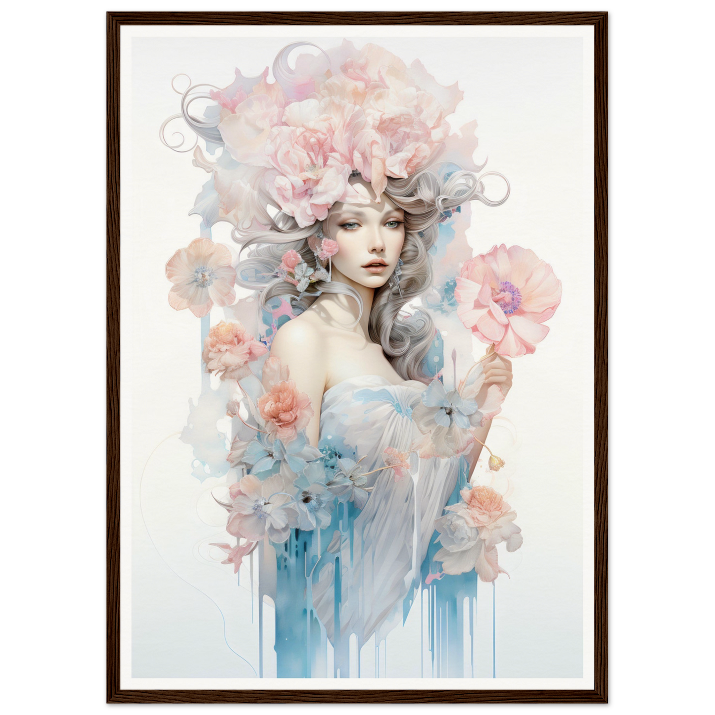 Ethereal watercolor-style portrait of a woman surrounded by delicate floral elements in soft pastel hues.