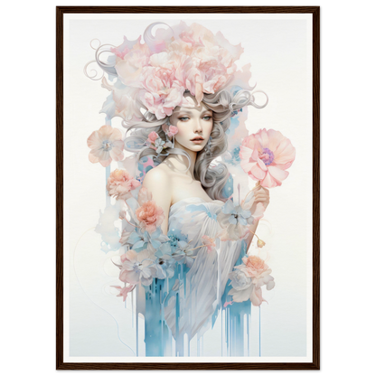 Ethereal watercolor-style portrait of a woman surrounded by delicate floral elements in soft pastel hues.