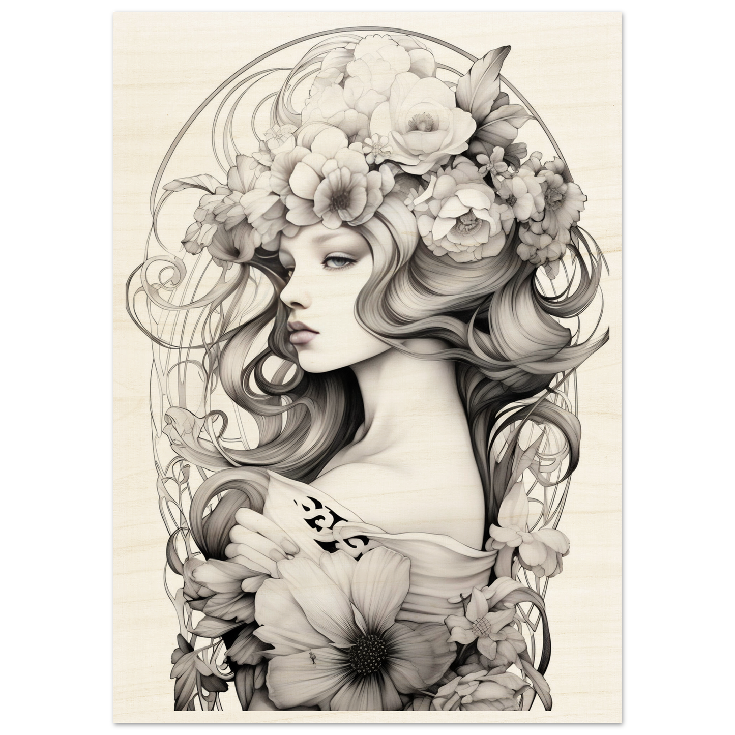 Artistic black and white illustration of a woman adorned with elaborate floral elements.