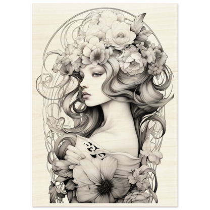 Artistic black and white illustration of a woman adorned with elaborate floral elements.