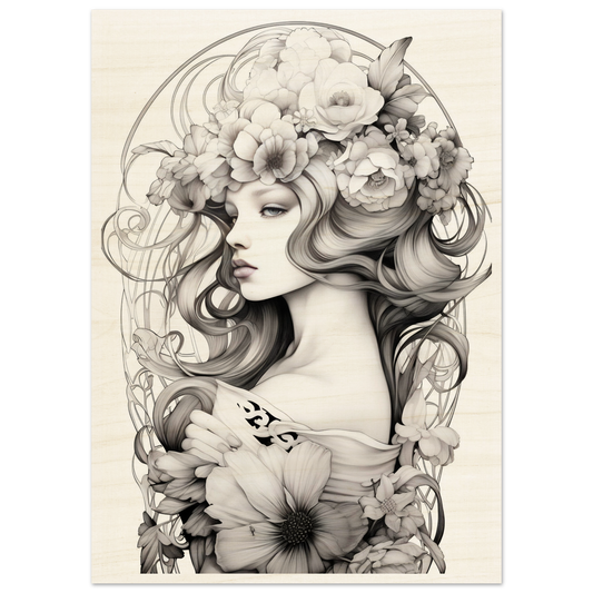 Artistic black and white illustration of a woman adorned with elaborate floral elements.