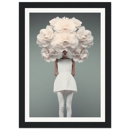 Person wearing a white outfit with an enormous floral headdress resembling oversized white roses or peonies.