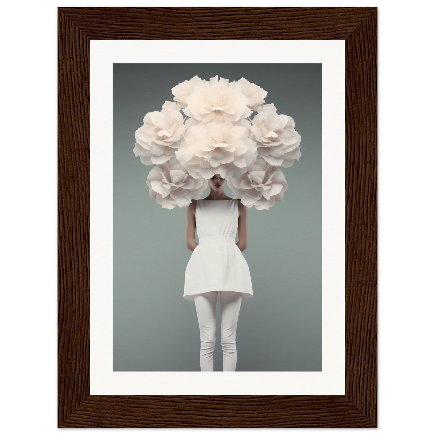 A person wearing a white dress with an enormous cloud-like floral headdress obscuring their face and upper body.