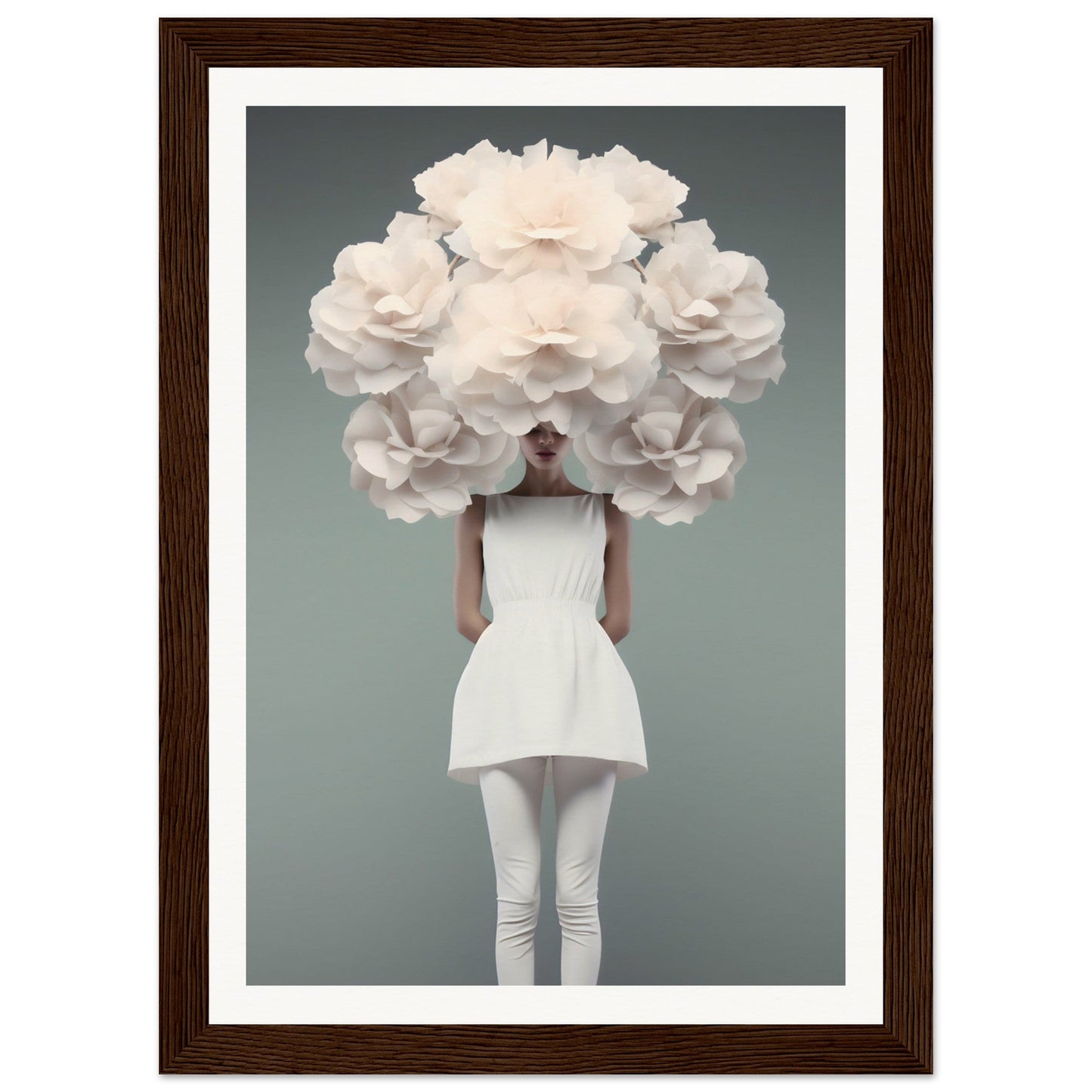 Figure in a white dress with an enormous floral headdress obscuring their face and head.