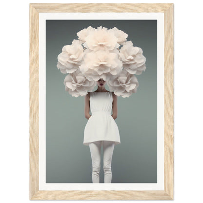 Figure in a white dress with an enormous cloud-like floral headdress obscuring the upper body.