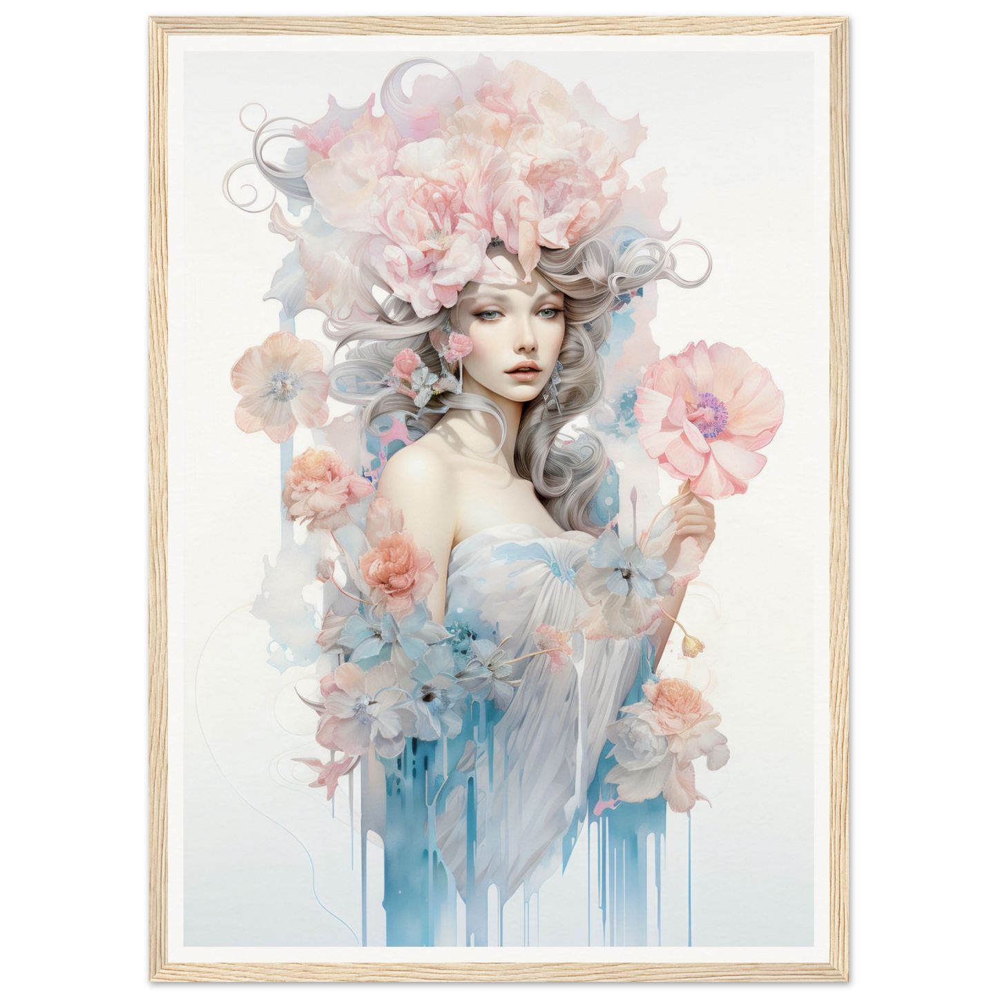 Ethereal watercolor-style portrait of a woman with flowing floral elements.