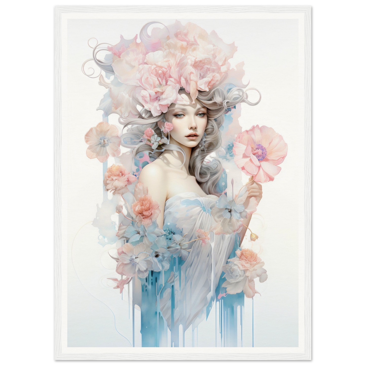 Ethereal watercolor-style portrait of a woman surrounded by soft floral elements and flowing colors.