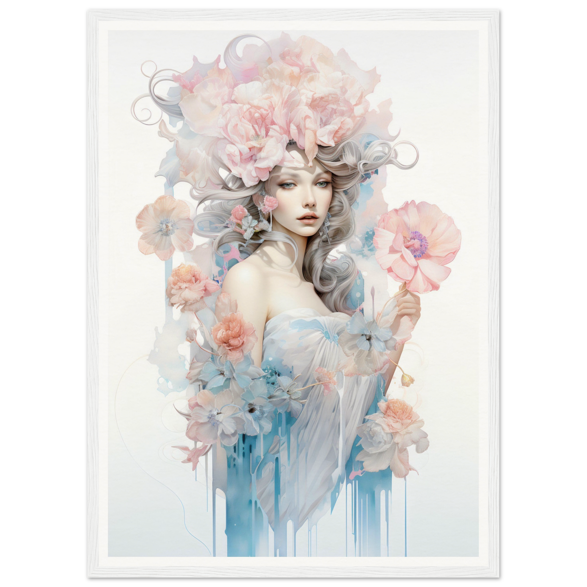 Ethereal watercolor-style portrait of a woman surrounded by soft floral elements and flowing colors.