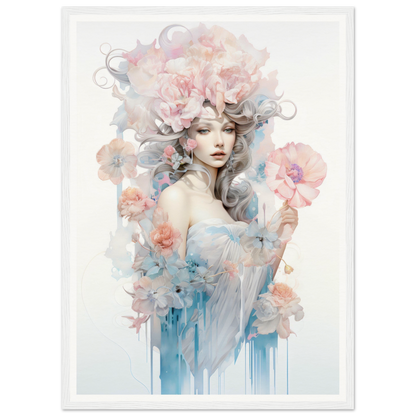 Ethereal watercolor-style portrait of a woman surrounded by soft floral elements and flowing colors.