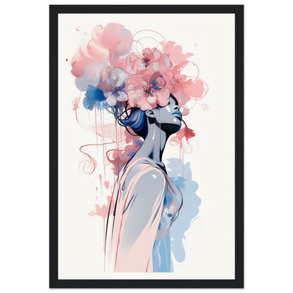 Artistic portrait of a figure with a floral headdress in watercolor style.