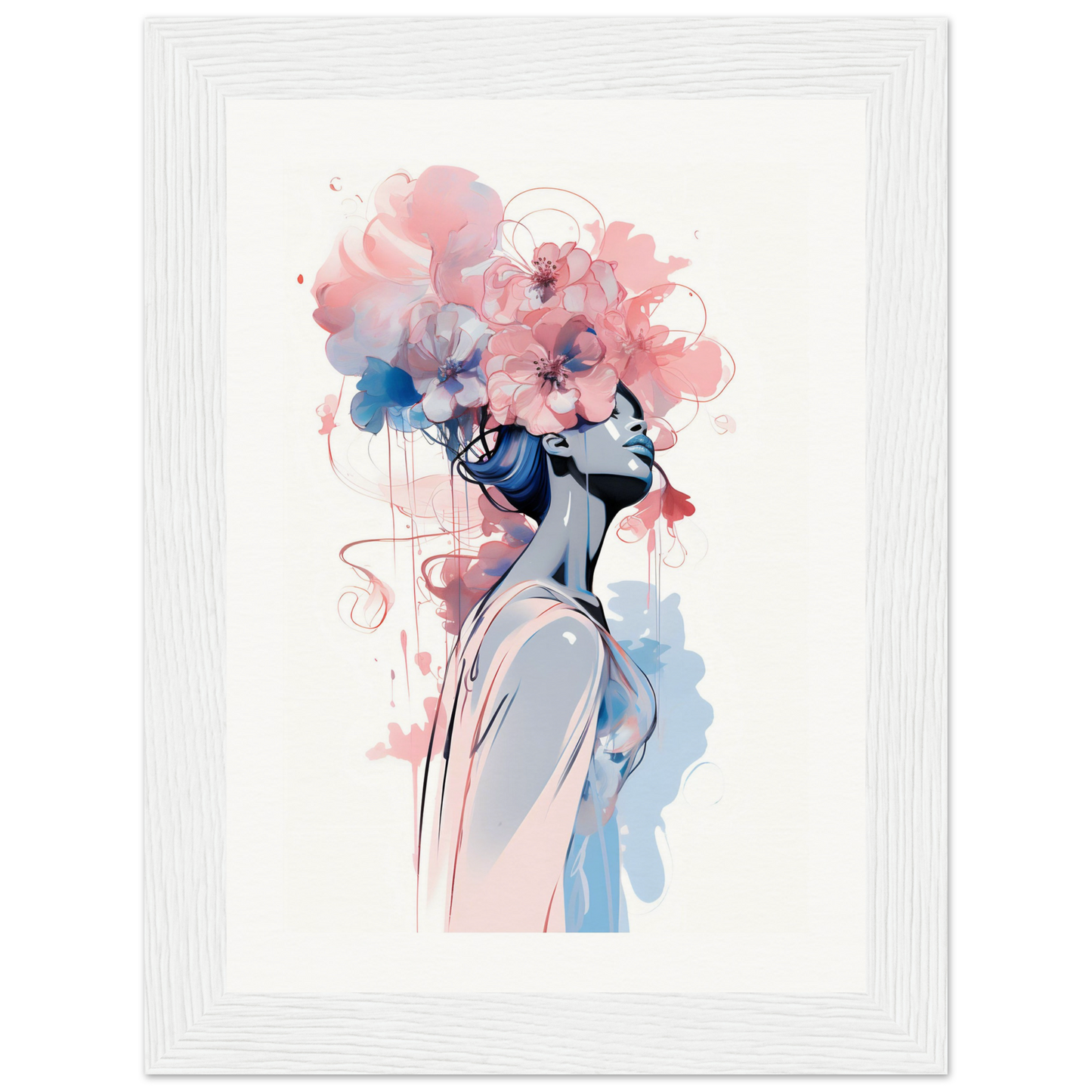 Artistic watercolor-style portrait of a figure with a floral head.