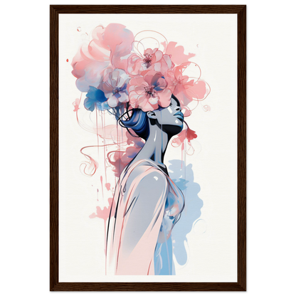 Artistic portrait of a woman with floral elements replacing her hair and face, rendered in soft pink and blue watercolor-like tones.