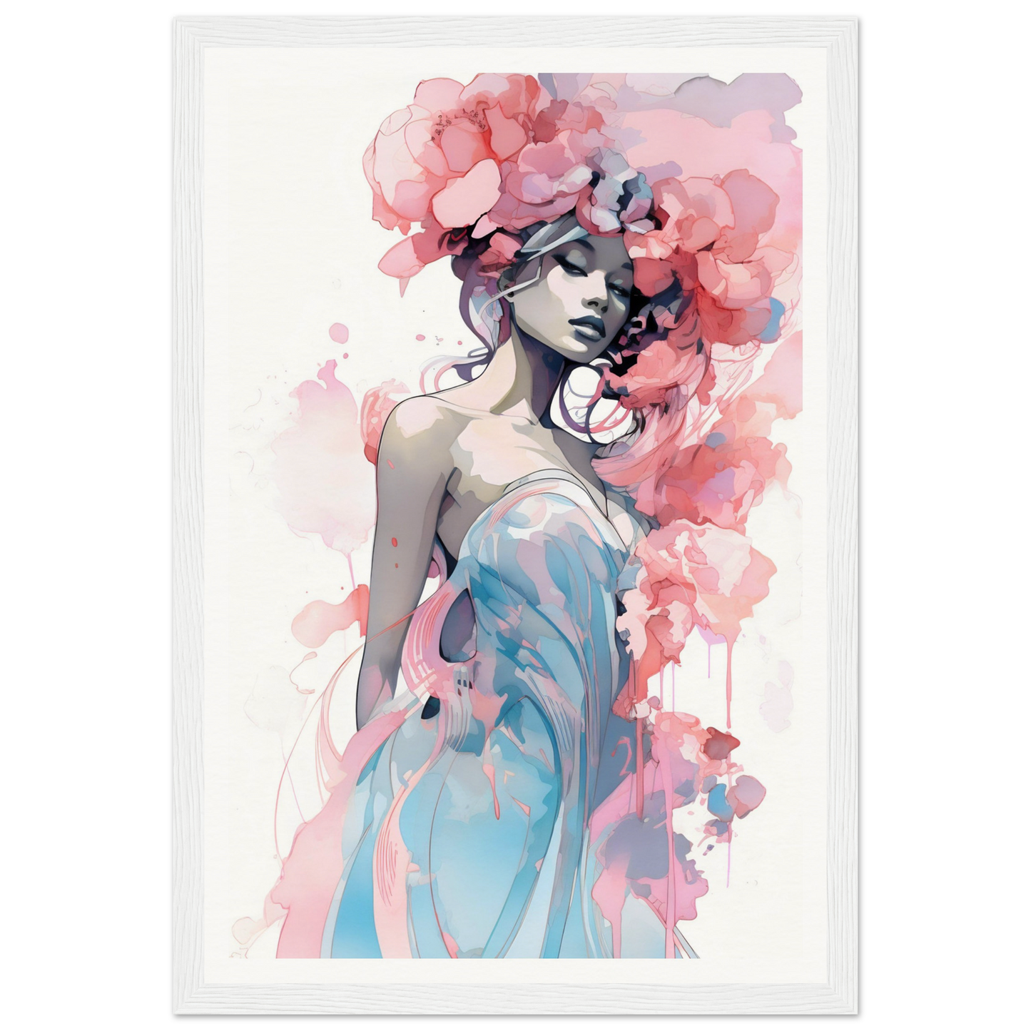 Watercolor-style painting of a woman with pink floral elements in her hair and a blue dress.