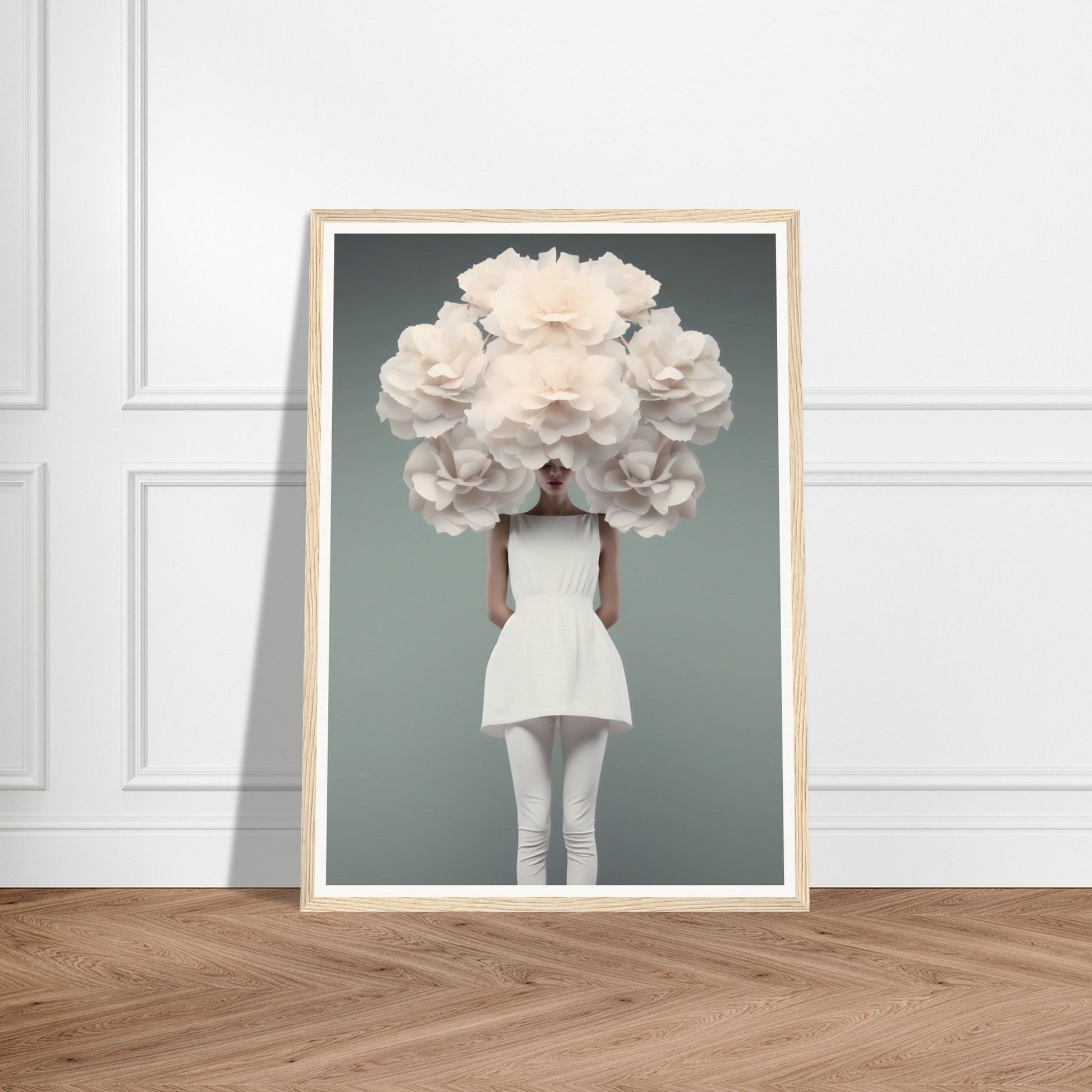 Surreal portrait of a figure wearing a white dress with an oversized floral arrangement obscuring their head.